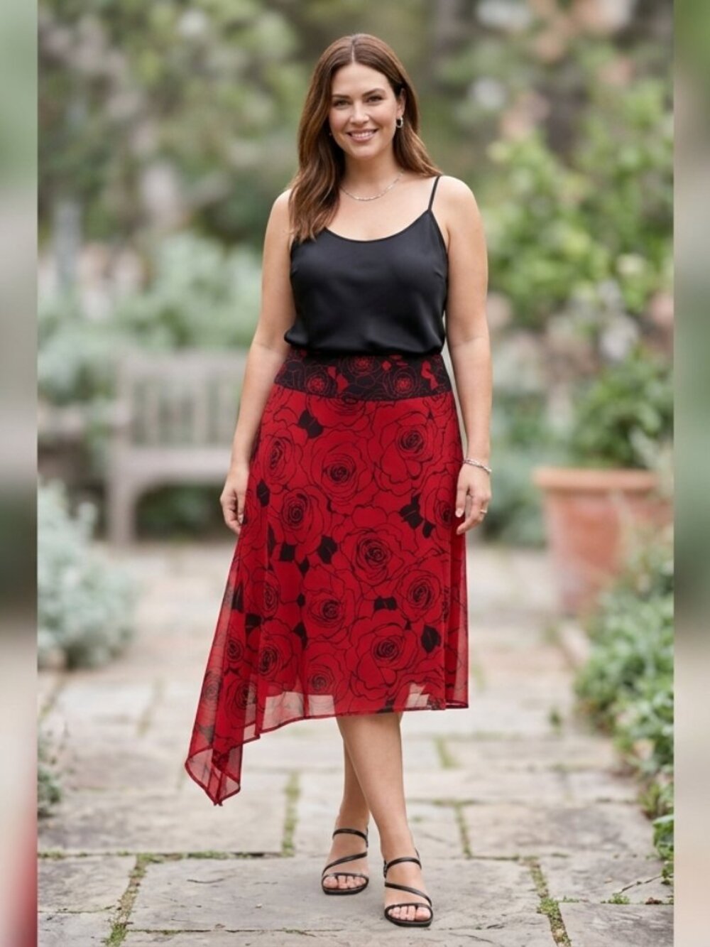 ANNE COLE Wrap Skirt Swim Cover-Up Semi-Sheer Chiffon Red/Black Rose Print L